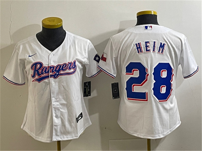 Youth White Texas Rangers #28 Jonah Heim With Patch Stitched Baseball Jersey